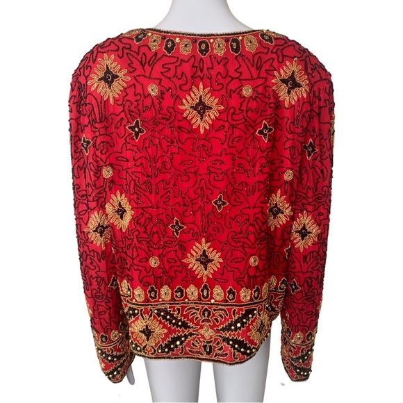 Papell Boutique Evening Vintage 90’s Silk Beaded Jacket Embellished Red Gold 12 - Picture 11 of 16